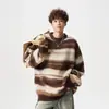 Suéter de Mohair con Cuello Redondo para Hombre y Mujer, Tejido de Punto Rayado Bloque de Color Casual Otoño e Invierno, Chaqueta Suelta y Relajada para Pareja