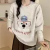 Suéter Suave Casual Lindo con Cachorro Usando Gafas, Cuello Redondo para Mujer, Manga Larga Holgado Jersey de Punto para Otoño e Invierno