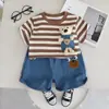 2024 Nuevo Verano Rayas Horizontales Cuello Redondo Estampado de Letras Manga Corta Casual Algodón Pantalón de Cinco Cuartos Conjunto de Dos Piezas Fabricante Venta al por Mayor