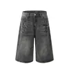 Shorts Jeans Masculino Verão Novo Padrão Relâmpago Desgastado Retro Americano Perna Reta Solto Três Quartos Perna Larga Caimento Fluido