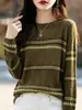 Suéter retro de jacquard para mujer con cuello redondo, patrón texturizado para primavera/otoño, top de punto adelgazante y versátil para el trabajo