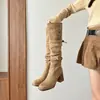 Botas Plegables de Tacón Alto Apilado Chuyuji de Gamuza Retro de Dos Formas, Botas Largas, Suela Gruesa, Tacón Grueso, Marrón, Estilo Occidental Maillard