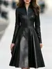 2026 Nuevo Vestido de Cuero PU Transfronterizo Europeo y Americano para Mujer de Manga Larga con Cuello Alto Cremallera Cintura Ceñida Adelgazante Temperamento Dobladillo Amplio Vestido Largo