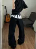 Jeans irregulares de cintura con doble bolsillo, estilo callejero retro americano, estampado de eslogan para mujer, nuevos pantalones rectos de otoño con remaches