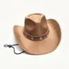 Chapéu de cowboy western de camurça outono e inverno transfronteiriço, fedora vintage de aba larga com faixa trançada étnica e pingente de metal, chapéu de cavaleiro