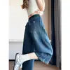 Jeans azul vintage destroyed cropped para mulheres, verão 2026, finos, cintura alta, modelagem que afina, comprimento médio, perna larga, corte reto