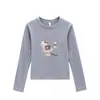 Camiseta de Manga Larga con Cuello Redondo Estilo Dibujo Animado Americano de Gato Kt para Mujer, Nueva Versátil Ajustada para Primavera y Otoño, para Usar Sola o en Capas