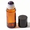 Botella dispensadora de aceite de ricino de vidrio ámbar de 50 ml, botella aplicadora roller de jade cristal rosa natural, botella aplicadora roller de cuarzo rosa