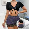 Conjunto de Lencería Sexy de Dos Piezas con Estampado de Cuadros Morados con Ribete de Encaje, Falda Corta con Lazos, Estilo Chica Popular Europea y Americana Transfronterizo