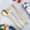 Talheres portáteis estilo coreano Talheres portáteis banhados a titânio Cor 3 Peças Conjunto de colher e hashis de aço inoxidável 304