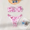 Bikini Bandeau de Estilo Nuevo Europeo y Americano con Pliegues Florales Sin Tirantes con Corte y Amarre Traje de Baño de Dos Piezas
