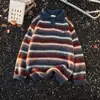 Suéter de Tricô Lã com Gola Polo Listrada Estilo Japonês para Homens e Mulheres, Suéter de Manga Longa com Bloqueio de Cor Atmosférico Resistente para o Inverno Tendência
