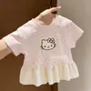 Camiseta de Manga Corta de Verano para Niña 2026 Nuevo Estilo Coreano Bebé Niña Aplicación de Gato KT Top de Lunares Diseño Coreano