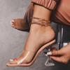 En stock Talla grande transfronteriza Sandalias de leopardo de tacón alto transparente de punta cuadrada para mujer europeas y americanas Sandalias de tacón alto