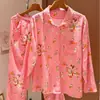 Novidade! Conjunto de Pijama de Gaze de Camada Dupla com Lapela para Mulheres - Estampa Doce de Desenho Animado Carrossel Manga Longa Calça Longa Conjunto para Casa
