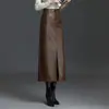 Saia de couro lisa, saia midi justa ao corpo para mulheres, nova moda outono 2026, cintura alta, modeladora, versátil, saia reta de comprimento médio