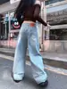Pantalones anchos de mezclilla para mujer, estilo americano, desgastados, lavados, ondulados, para otoño, casuales, fluidos, de pierna curva, corte recto, largos