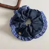Goma de pelo de estilo académico retro coreano a cuadros con pliegues de colores contrastantes, Diadema de moda, Accesorio para el cabello de tela vintage azul para mujer