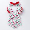 Verano Nuevo Bebé Niña Manga Volante Sandía Moda Espalda Cruzada Camiseta Sombrero Mameluco Estampado Infantil Ropa para Niños