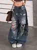 Pantalones banana de mezclilla desgastados y con estampado de letras para mujer y hombre, jeans rectos versátiles de ajuste holgado para el verano, para parejas