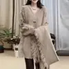 Conjunto de Duas Peças Suéter com Franjas em V para Primavera e Verão com Lenço para Mulheres, Top com Fenda Estilo Preguiçoso, Tricô de Design Solto