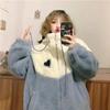 Casaco feminino de inverno em retalhos de lã de cordeiro com acolchoamento de algodão, cardigã solto com zíper e forro de fleece, moda suéter ins para estudantes