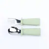 Garfo e Colher de Silicone Infantis Transfronteiriços, Colher Curta de Silicone de Grau Alimentício para Suplemento Alimentar de Bebê, Garfo e Colher com Cabo de Madeira, Colher de Alimentação de Aço Inoxidável