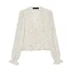 Moda femenina transfronteriza 2026 estilo europeo y americano cuello en V estampado de lunares top tipo camisa ajustado con volantes para mujer E490789
