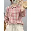 Camisa de Cuadros de Gasa de Doble Capa Teñida en Hilo Estilo Primavera y Otoño para Mujer, de Manga Larga, Holgada, Versátil, Top Casual para Poner en Capas