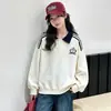 Sudadera con cuello polo y manga larga para mujer y niño, bordada con cachorro, estilo académico, casual, holgada, versátil