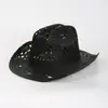 Sombrero de vaquero de paja natural tejido a mano, transpirable, con diseño calado para playa en verano, sombrero de jazz de ala ancha estilo americano europeo y americano