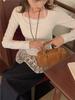 Sentido del Diseño Otoñal Cintura Ajustada Estilo Chica Dulce Falso Dos Piezas Encaje Cuello Camiseta de Manga Larga para Mujer Ajustada Adelgazante Nicho Top