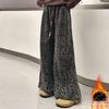 Pantalones de pierna ancha con estampado de leopardo para niñas 2025 Nuevo Invierno Gruesos pantalones rectos forrados de polar para niños mayores, Pantalones largos de polar modernos