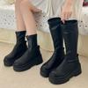 Novas Botas Elásticas Slim de Solado Grosso Outono/Inverno 2024 para Mulheres Estilo Coreano Superfície Macia Solado Plataforma Bico Redondo Salto Médio Botas Femininas