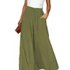 Calça de Verão Lisa de Cintura Alta Wide Leg para Mulheres 2026, com Cintura Elástica Plissada e Cordão, Afinando e com Caimento Fluido, Roupas Femininas de Comércio Exterior