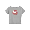 Camiseta Cinza Manga Curta Fora do Ombro para Mulheres, Novo Estilo de Verão com Estampa de Gato Desenho Animado, Blusa Soltinha Casual para Mulheres