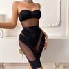 Moda Transfronteriza Europea y Americana Nuevo Mono de Malla Transparente Falda Ajustada Empalmada Conjunto de Dos Piezas Íntimos Sexy