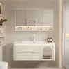 Gabinete de baño de roble combinación cerámica baño color crema esquina redondeada lavabo integrado lavabo inteligente para lavado de manos