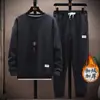 Sudadera gruesa de gran tamaño con forro polar y estampado de gofres para otoño e invierno, conjunto casual deportivo versátil de dos piezas para hombre en color liso