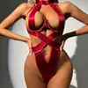 Body de encaje con cuello halter y cordones, muy vendido en comercio exterior para mujer, con diseño hueco, espalda descubierta y tiras cruzadas, un atuendo de una pieza seductor y atractivo.