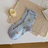 Calcetines de estilo coreano de oso de dibujos animados suaves hasta la pantorrilla Otoño/Invierno para mujer Calcetines de algodón con encaje y cuadros azules Calcetines de estudiante de moda Ins