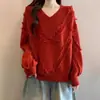 Suéter Vermelho para Mulheres, Pulôver de Tricô com Borlas e Franjas, Gola V, Estilo Coreano, Blusa Casual de Tricô Solta