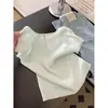Verde Mentolado Ramble Blusa Curta de Tricô Manga Curta Feminina Costas Vazadas Top Curto Verão Doce Textura Camiseta Básica