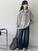 Conjunto casual de estilo coreano para niñas, sudadera con bloques de color y estampado de perro con cuello camisero y jeans de pierna ancha, conjunto de dos piezas para niños mayores, moderno atuendo de otoño