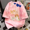 Camiseta de Manga Corta Tie-Dye Estampado de Perros Dulce y de Moda 100% Algodón Puro para Hombres y Mujeres, Top Casual Holgado de Verano con Cuello Redondo