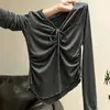 Camiseta Feminina 2026 Primavera/Outono Novo Design Spicy Girl Decote V Poá Ombro Normal Manga Longa com Pregas e Amarração Cropped Emagrecedor