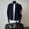 Chaqueta de punto gris con cuello de béisbol para hombre en otoño e invierno, Tops de alta gama, Cárdigan de punto a rayas holgado de marca moderna