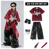 Roupas Infantis da Moda Street Dance Hip-Hop Calça de Couro Listrada Preta e Vermelha para Meninos Conjunto de Roupa de Performance Roupa de Performance Hip-Hop para Meninos