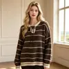 Nuevo suéter de punto a rayas de otoño europeo y americano para mujer, estilo casual versátil holgado, diseño de cuello redondo, top de manga larga