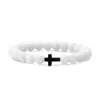 Pulseira Cruz Pedras Negras de Vesícula Biliar Transfronteiriça Conjunto de Casal Preto e Branco Fosco Pulseira com Fio Elástico Fábrica Atacadista